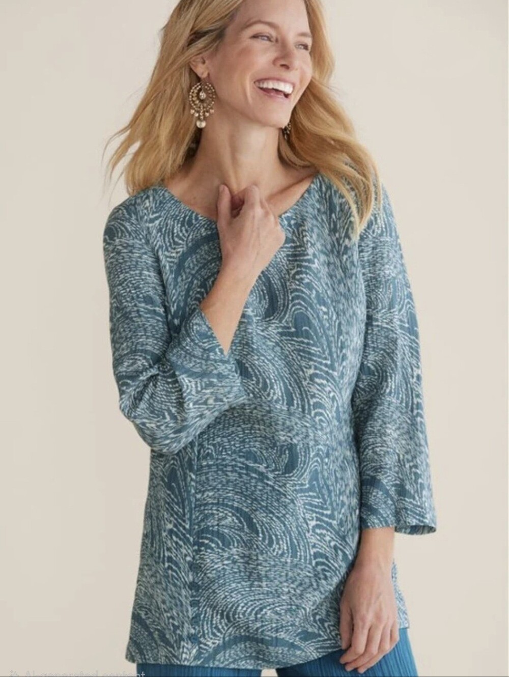 Soft Surroundings Oceo Gauze Blue White Long-Sleeve Tunic Button Detail Size L